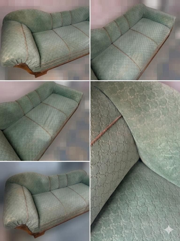 Vintage chaise longue in mintgroen met houten frame, Antiek en Kunst, Ophalen