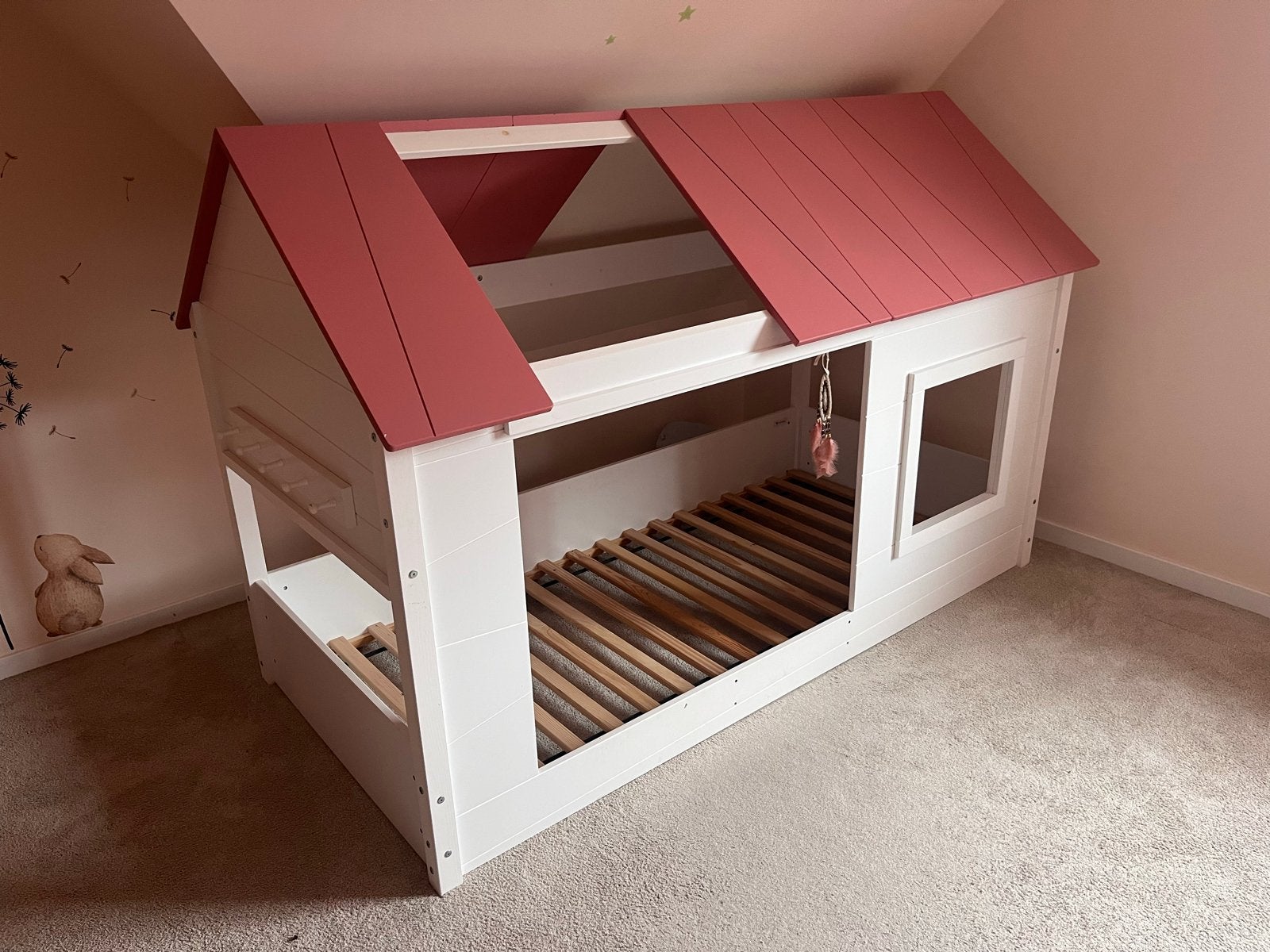 Huisjesbed met oud roze dak - Eenpersoonsbed, Ophalen, Gebruikt, 210 cm, Overige maten