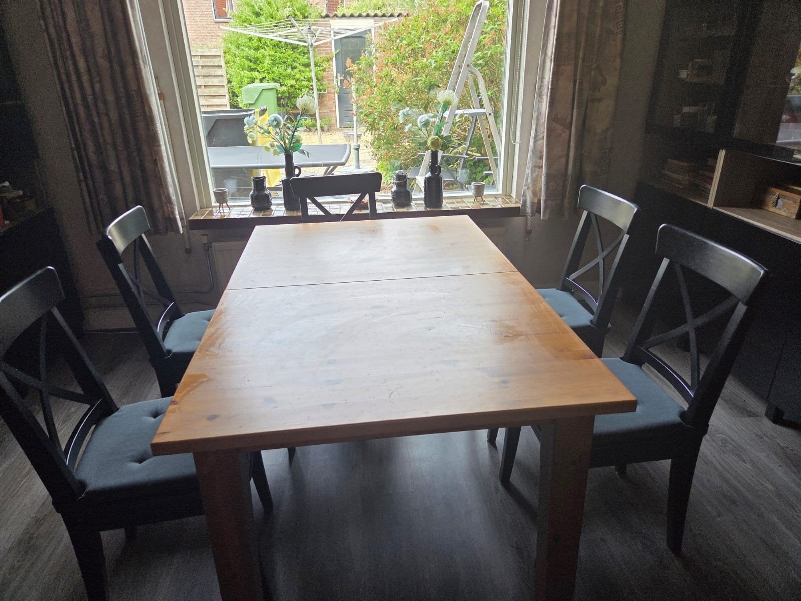 Uitschuifbare eettafel met 5 stoelen, Huis en Inrichting, Tafels | Eettafels, Gebruikt, Vijf personen of meer, 150 tot 200 cm