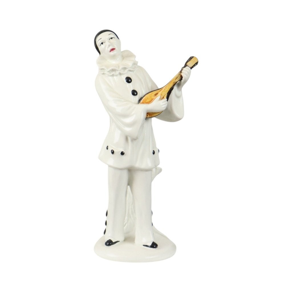 Vintage Pierrot Beeld met Luit Keramiek Frankrijk 31cm, Ophalen of Verzenden, Gebruikt, Mens