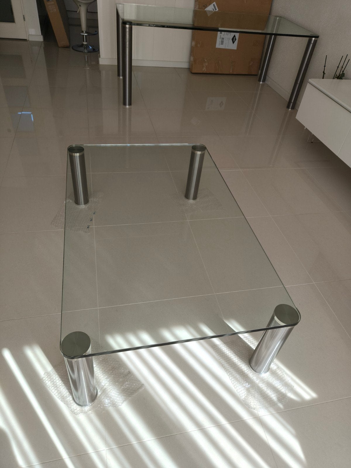 Glazen eettafel en salontafel set, Ophalen, Gebruikt, 50 tot 100 cm, Glas