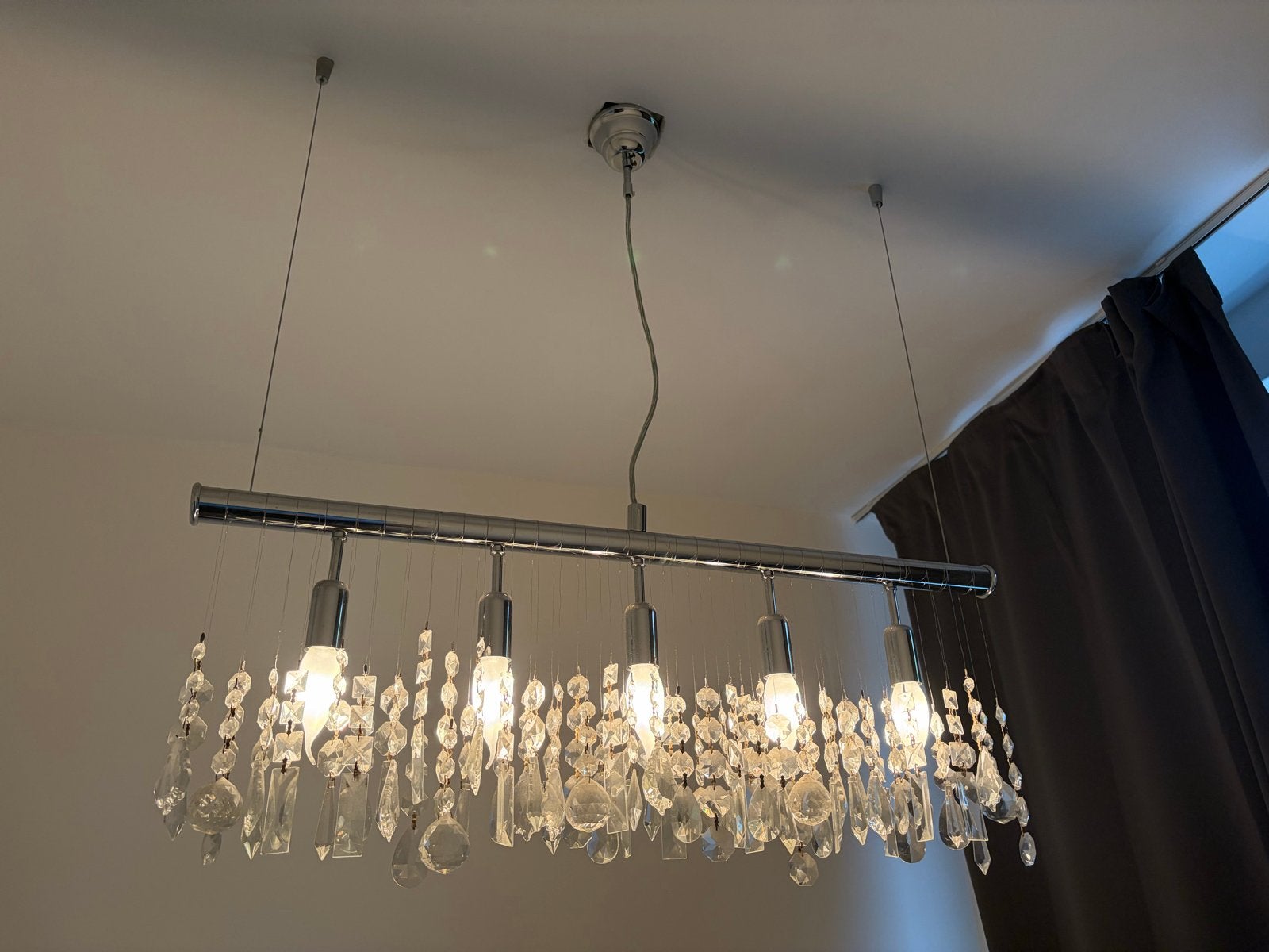 Topdeal! Moderne hanglamp met kristallen, chroom, Ophalen, Zo goed als nieuw, Glas, E14 (klein)