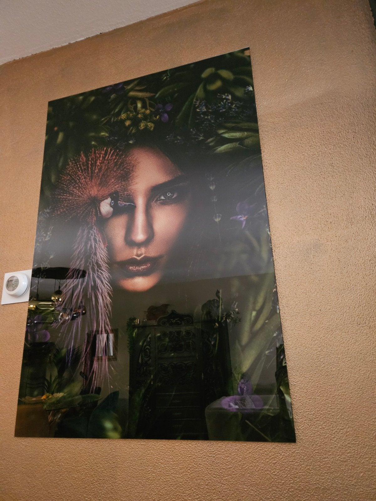 Prachtige wanddecoratie: 120x80 Vrouw met bloemen en vogel, Huis en Inrichting, Ophalen, Zo goed als nieuw, Overige typen