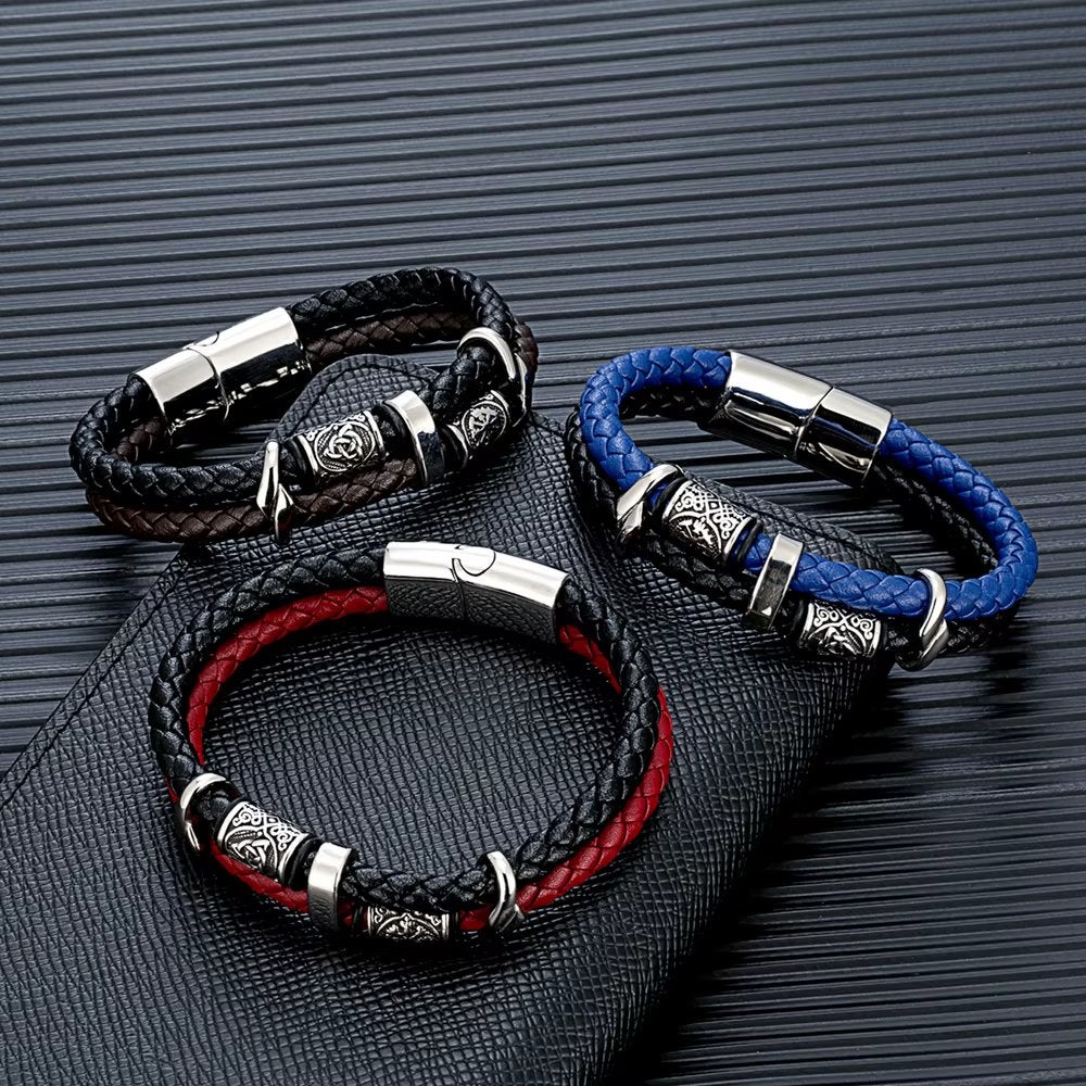 Dubbele Gevlochten Leren Viking Heren Armband, Sieraden, Tassen en Uiterlijk, Verzenden, Nieuw, Overige kleuren, Leer