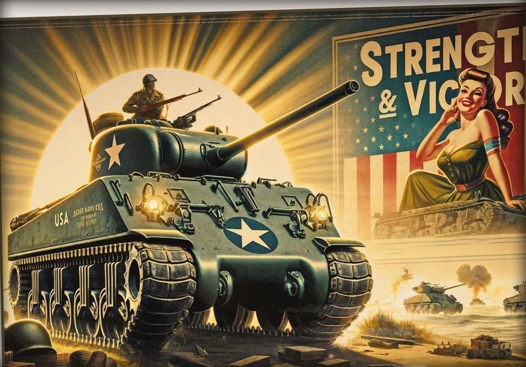 Unieke Leger WW2 Pin up Sherman tank poster in Lijst, Verzenden, Nederland, Foto of Poster