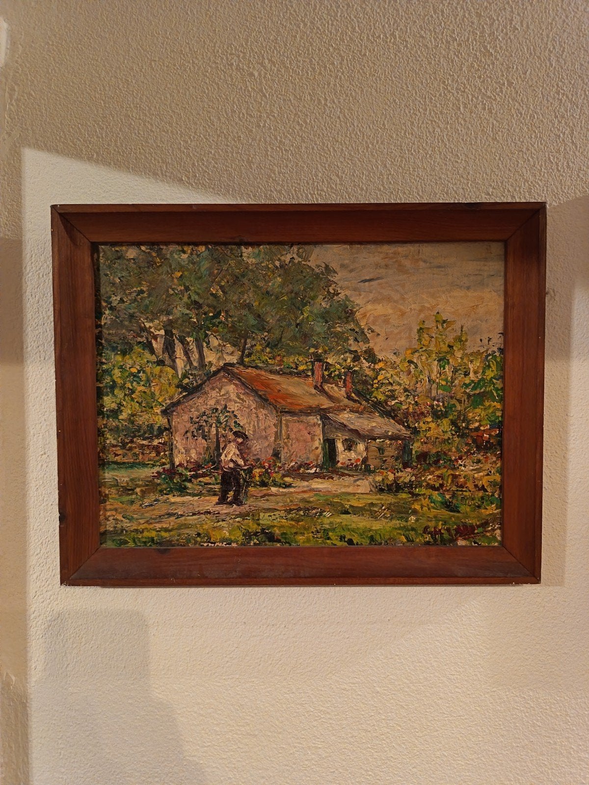 Olieverfschilderij: Landhuis met tuin en figuur, Antiek en Kunst, Ophalen of Verzenden