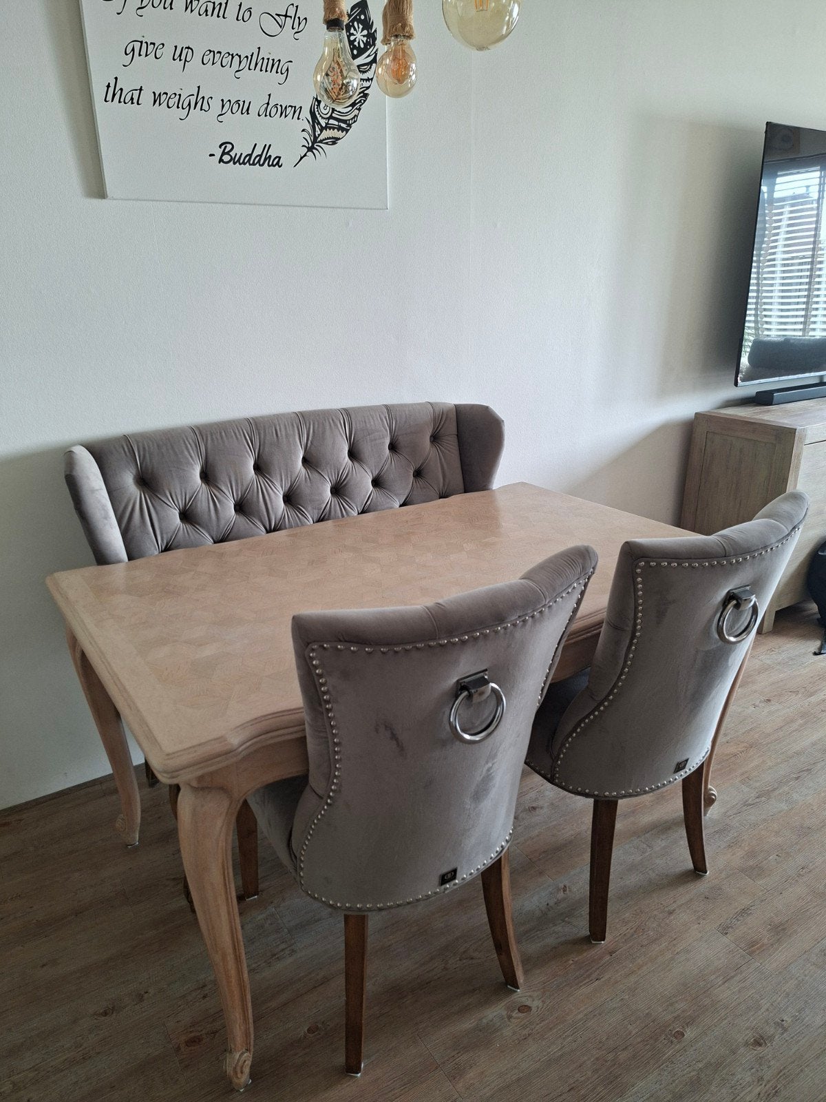 Eettafelbank en 2 stoelen - Grijs velvet, dubbelman design, Ophalen, Zo goed als nieuw, Rechthoekig, 200 cm of meer