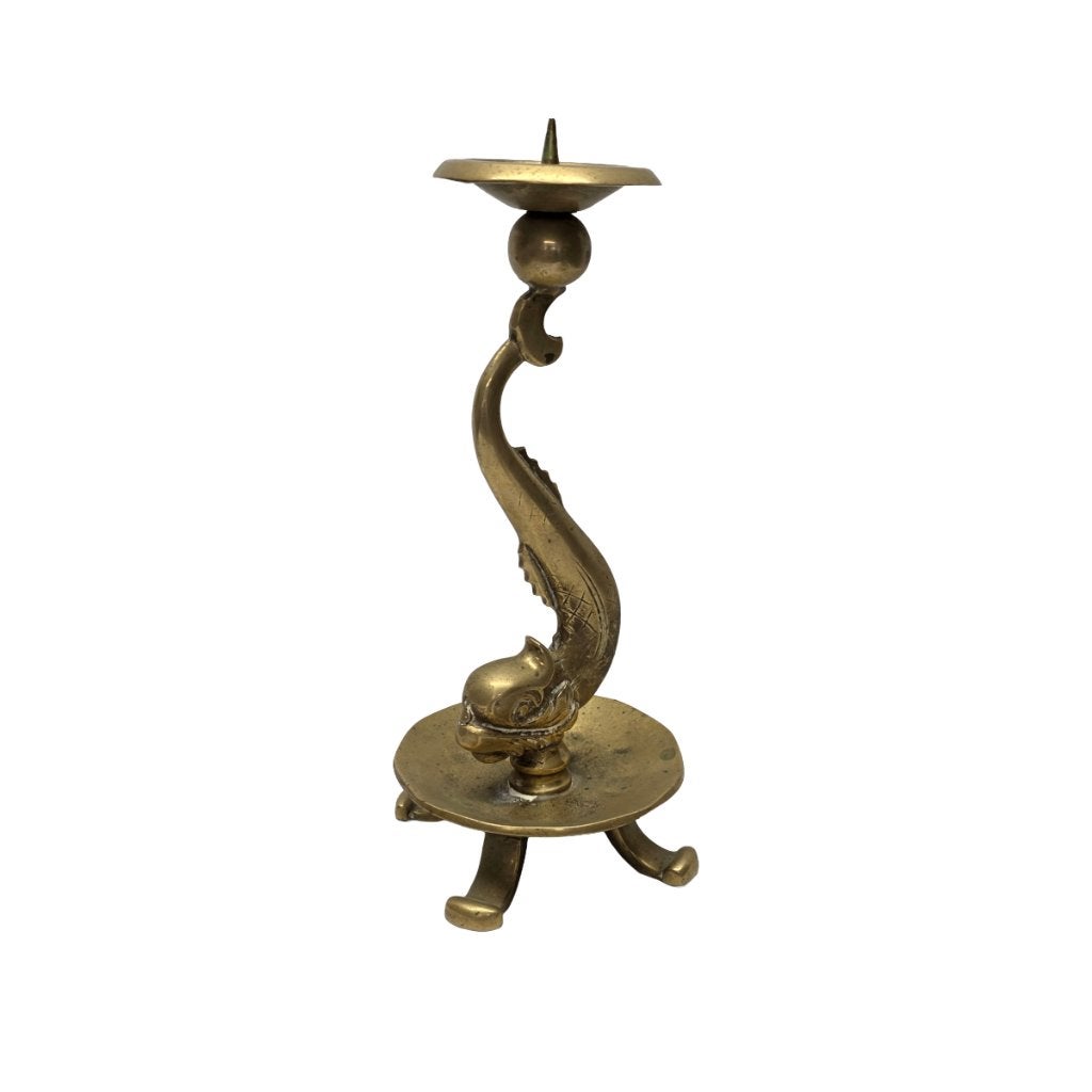 Oude bronzen kandelaar met een vis, Antiek en Kunst, Ophalen of Verzenden, Koper of Brons