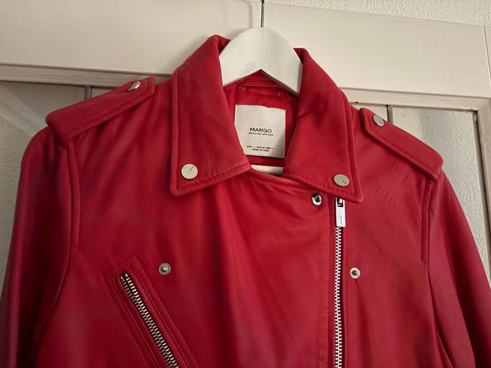 Mango Rode Leren Bikerjack - Zo goed als nieuw, Kleding | Dames, Jassen | Zomer, Zo goed als nieuw, Rood, Ophalen of Verzenden
