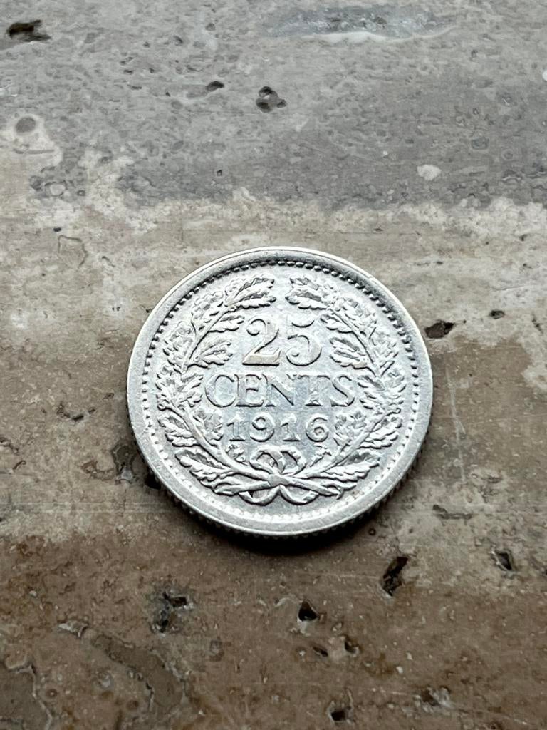 25 cent 1916 Wilhelmina , hele mooie kwaliteit, zeldzaam, Postzegels en Munten, Munten | Nederland, Zilver, 25 cent, Ophalen of Verzenden