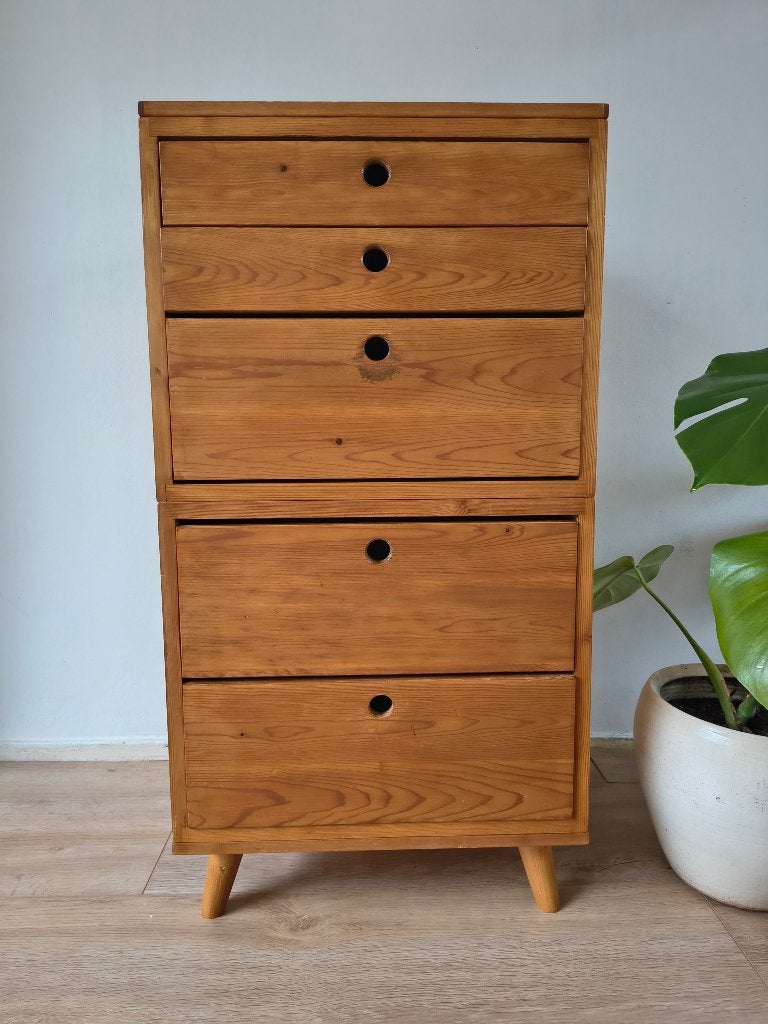 Vintage Grenen Ladekast (5 lades) – Scandinavisch, Huis en Inrichting, Minder dan 50 cm, Onbekend, Ophalen of Verzenden, Zo goed als nieuw
