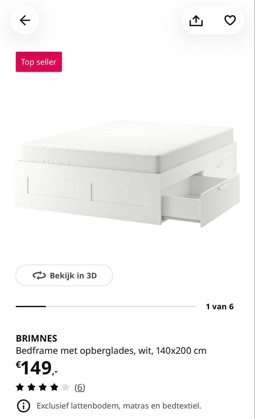 Brimnes bed 140x200cm met middenbalk en 2 lattenbodems