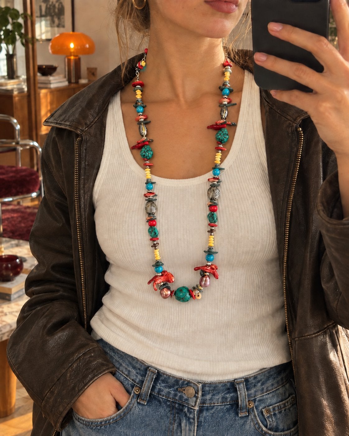 Lange kleurrijke boho ketting met bijzondere kralen, Ophalen of Verzenden, Zo goed als nieuw, Overige kleuren, Overige materialen