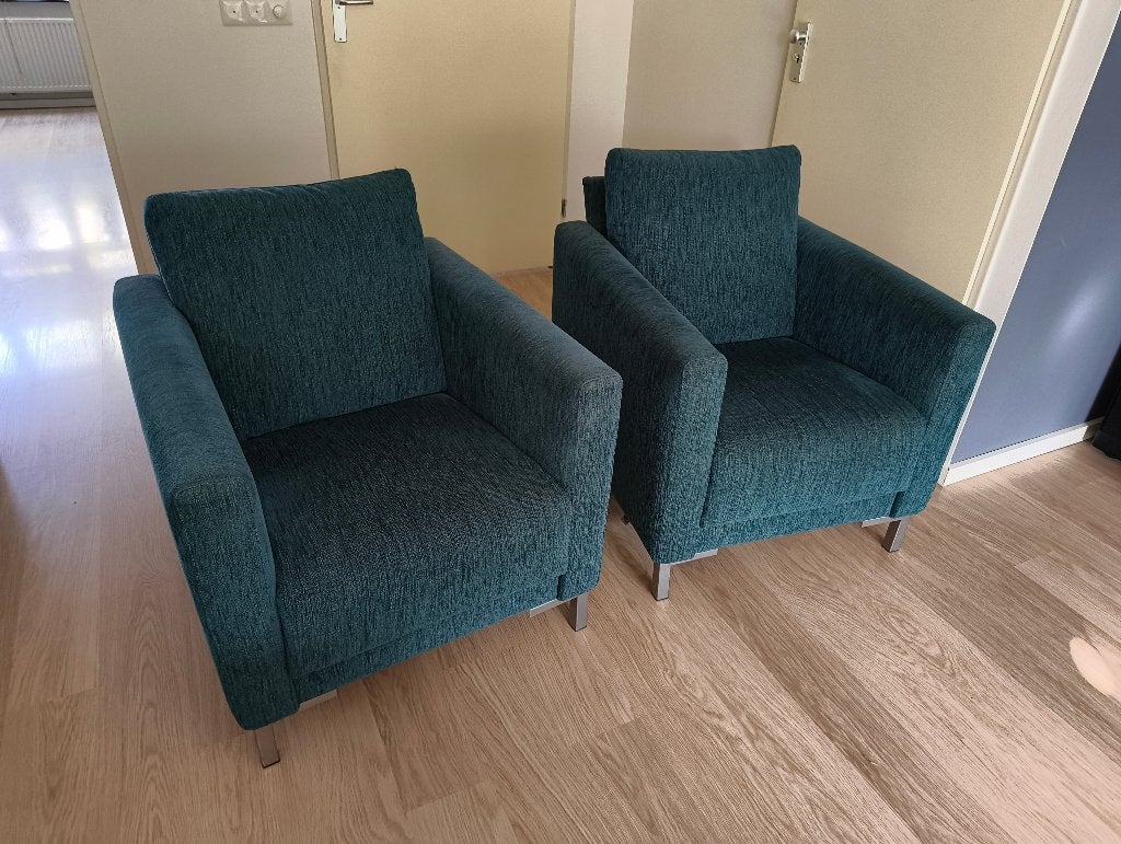 2 Fauteuils van Montèl, groenblauw, Huis en Inrichting, Ophalen, Gebruikt, Modern, rustige uitstraling, 75 tot 100 cm