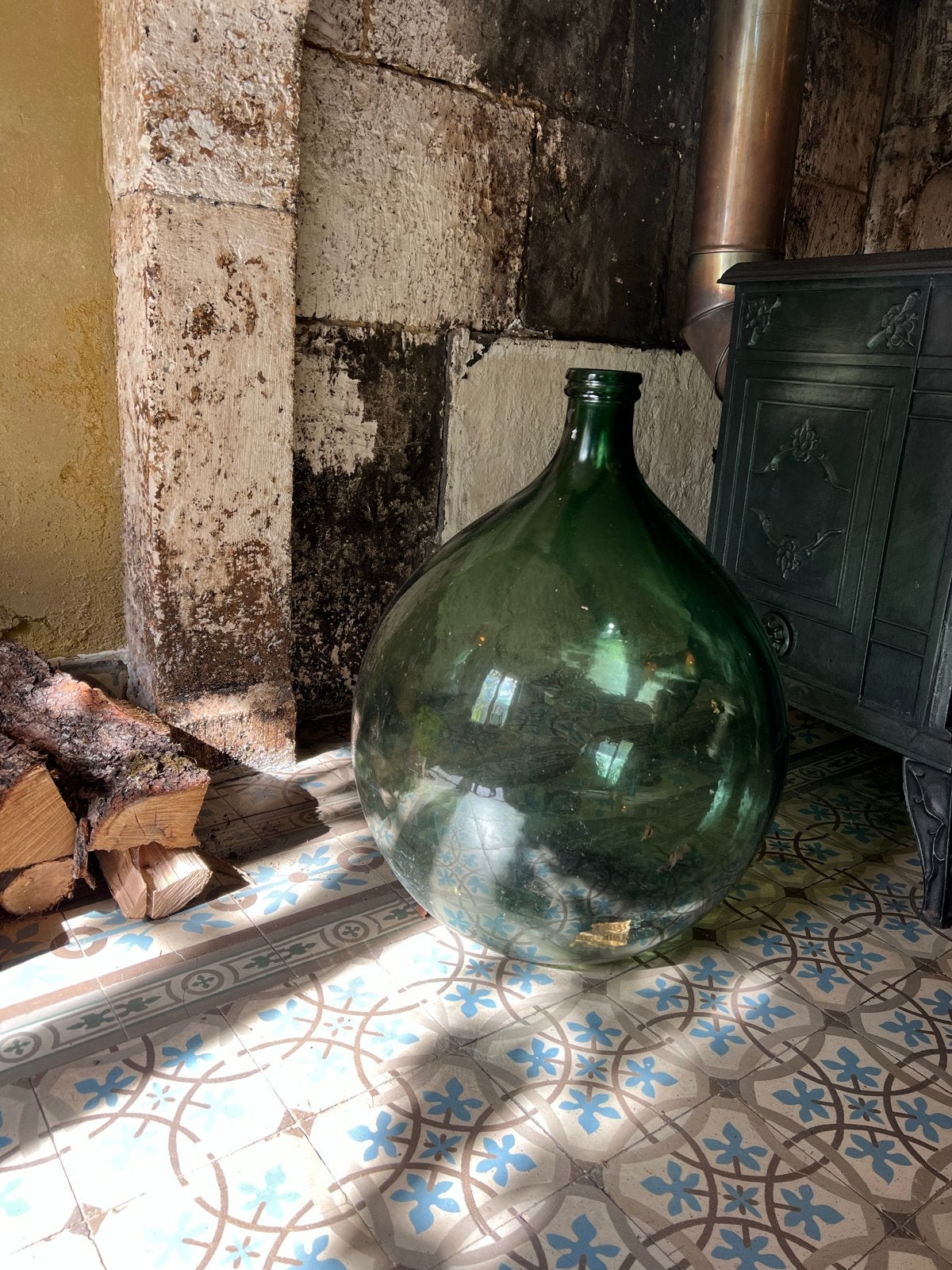 Grote vintage groene glazen fles gistfles planten terrarium, Ophalen of Verzenden