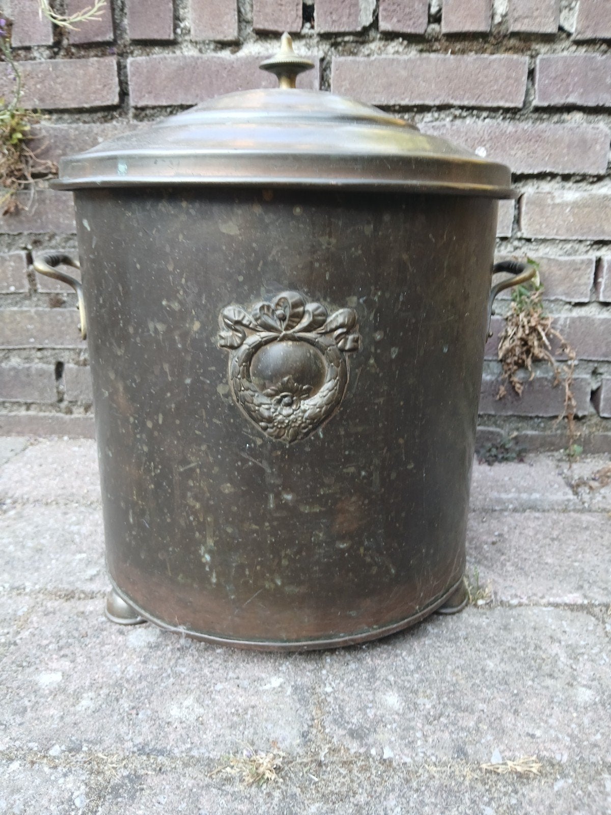 Antieke koperen doofpot met deksel en handvatten, Ophalen of Verzenden, Koper