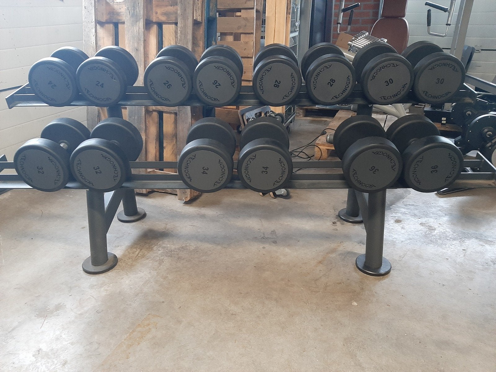 technogym dumbell set 24kg tot 36kg inlusief panatta rack, Sport en Fitness, Fitnessmaterialen, Ophalen of Verzenden, Zo goed als nieuw