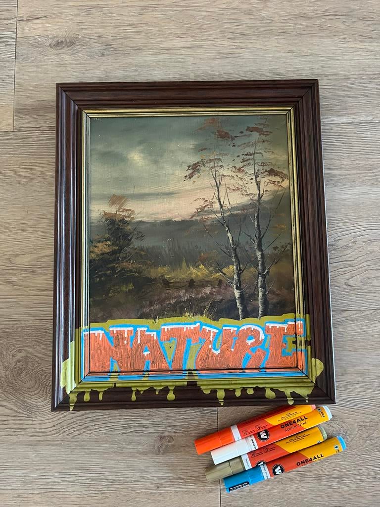 Uniek schilderij met lijst en graffiti 'NATURE', Antiek en Kunst, Kunst | Schilderijen | Klassiek, Ophalen of Verzenden