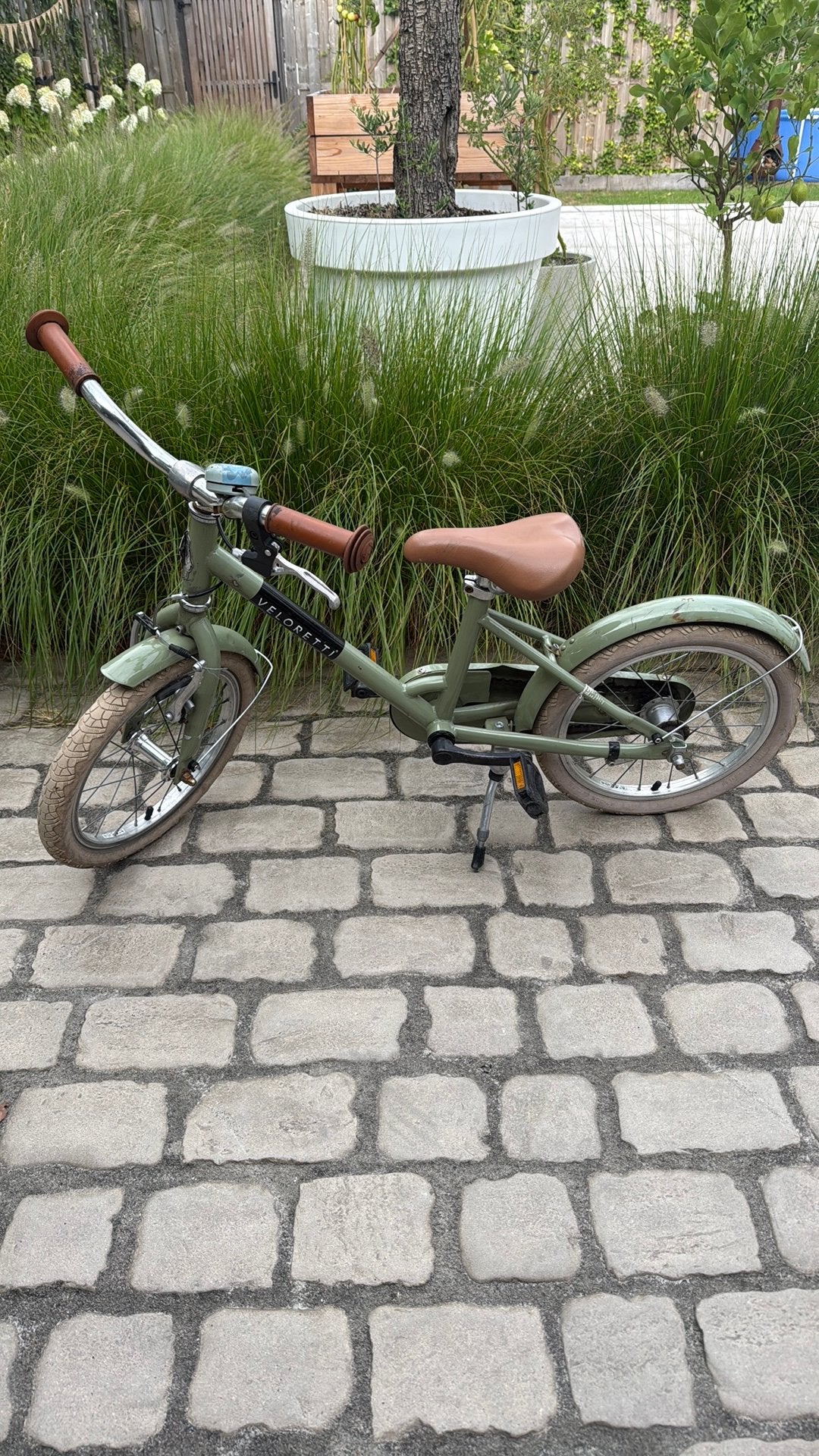 Veloretti Maxi kinderfiets in de kleur Dessert Moss - groen, Ophalen, Terugtraprem, Zijwieltjes, 16 tot 20 inch