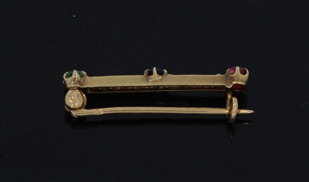 Smaragd robijn diamant saffier antieke 14k gouden broche, Verzenden, Goud, Broche, Met edelsteen