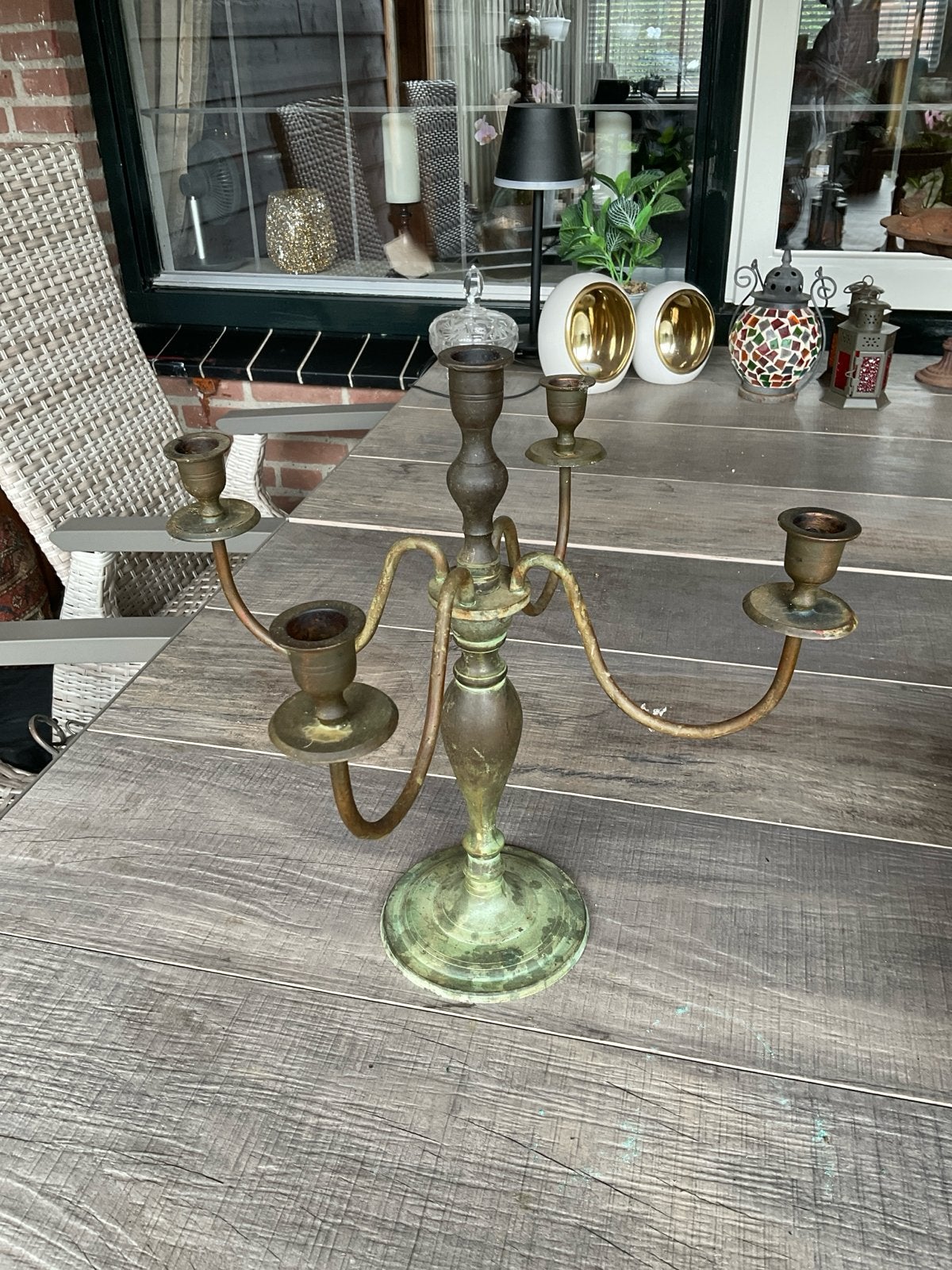 Antieke bronzen vijf- armige kandelaar 35 cm, Ophalen of Verzenden, Koper of Brons