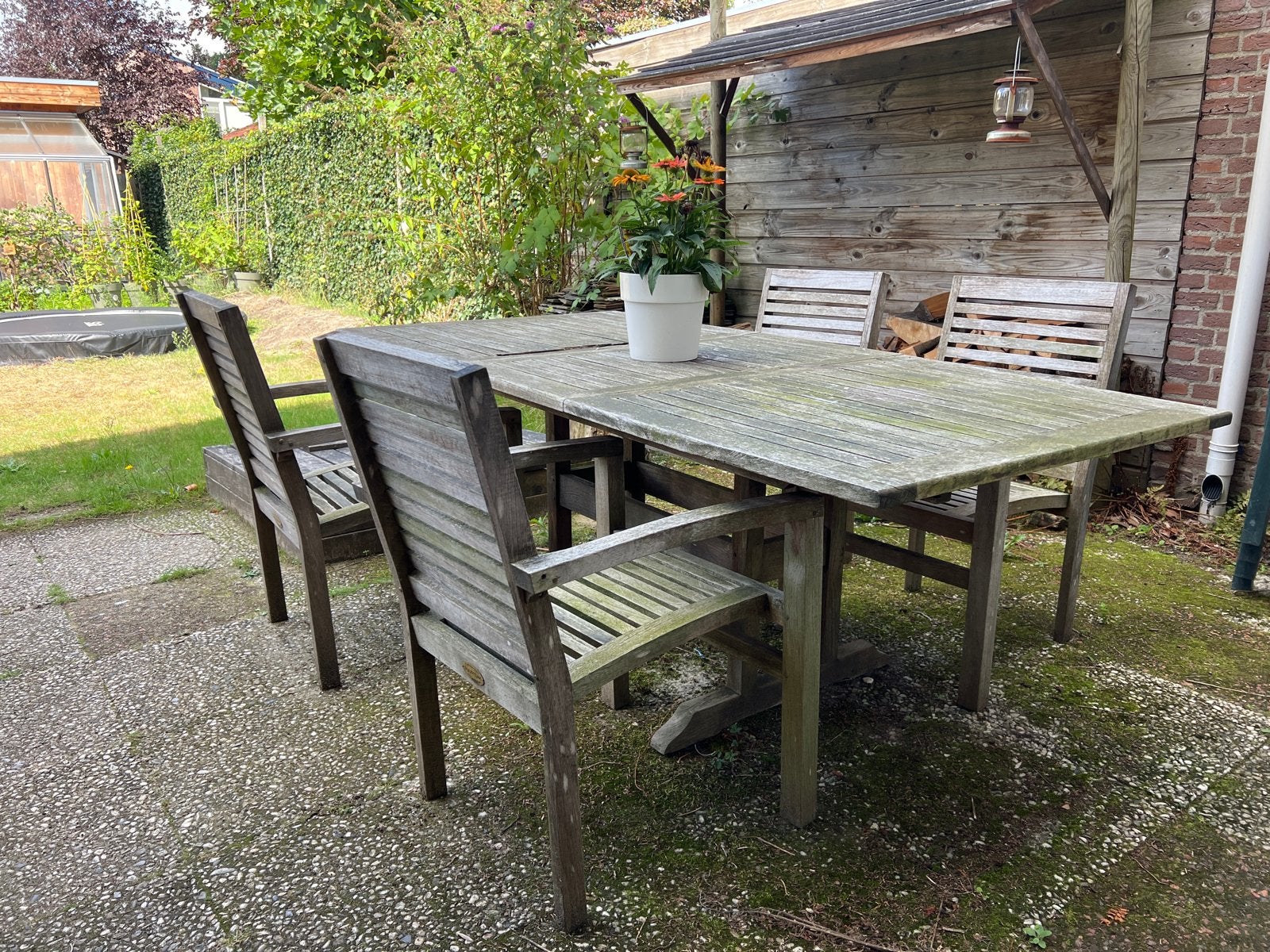 Puurteak tuinset met 4 stoelen en kussens, Tuin en Terras, Tuinsets en Loungesets, Ophalen, 4 zitplaatsen, Gebruikt, Eettafel