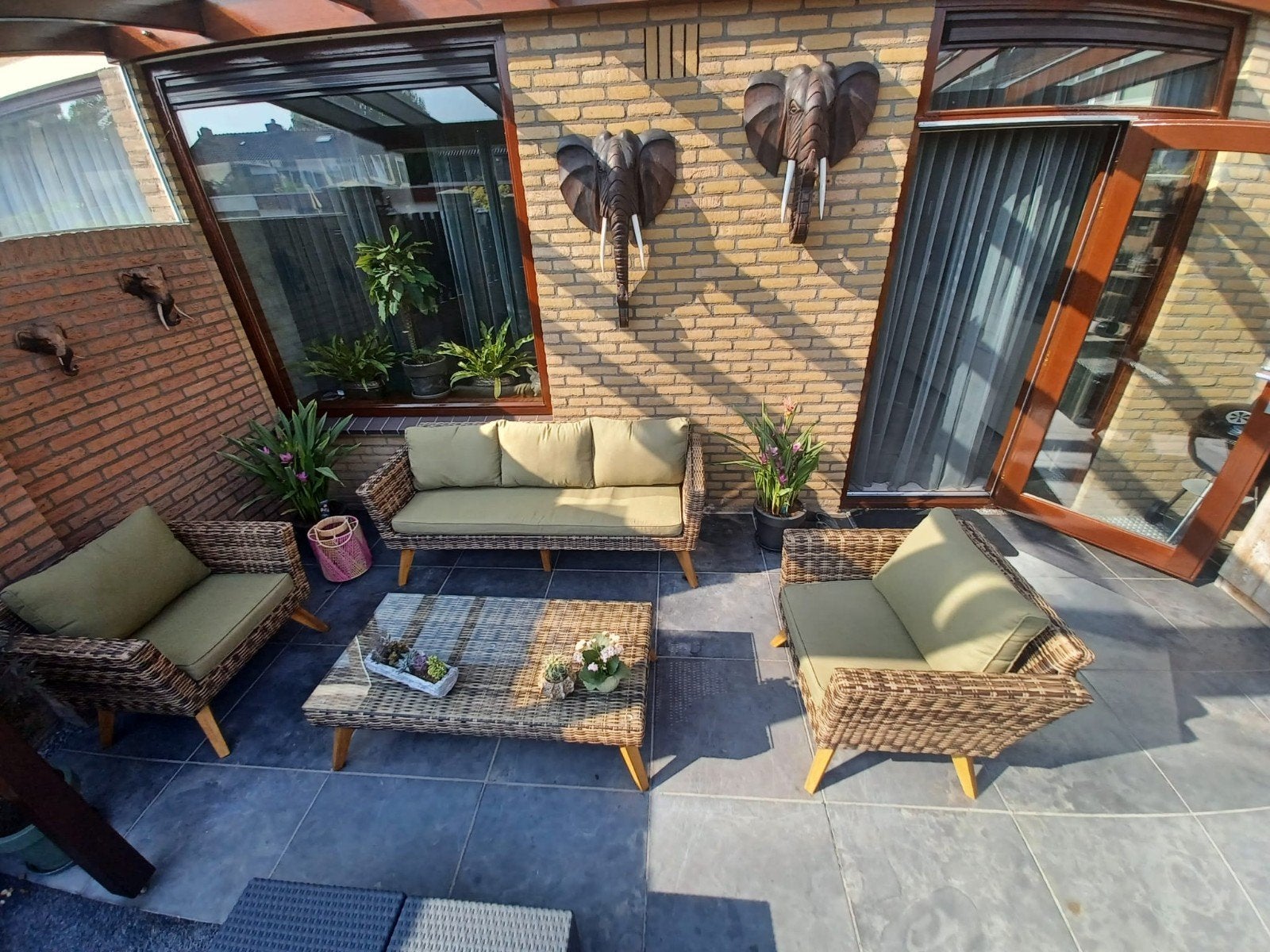 Loungeset met olijfgroene kussens NIEUW, Ophalen, 5 zitplaatsen, Rotan, Nieuw