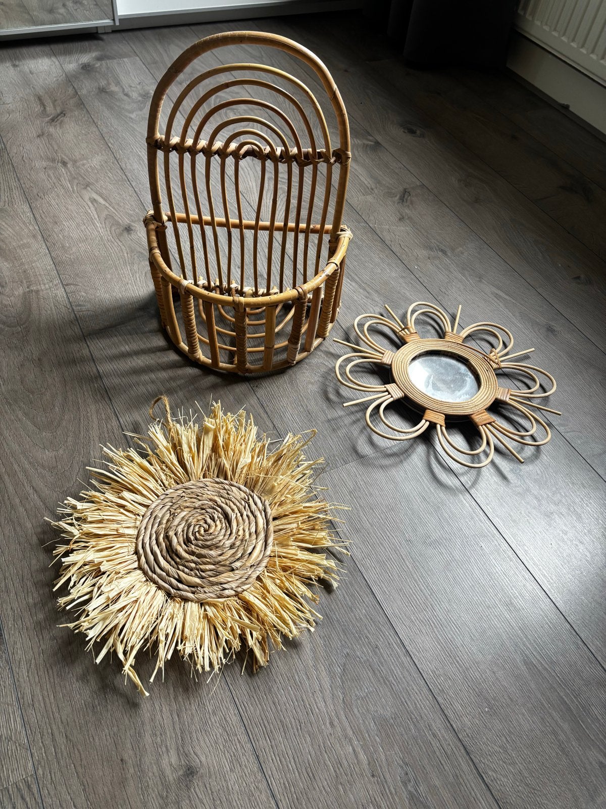 Rotan decoratie meisjeskamer: spiegel, wandrek, hanger, Ophalen, Gebruikt, Boho, Natuurlijk materiaal