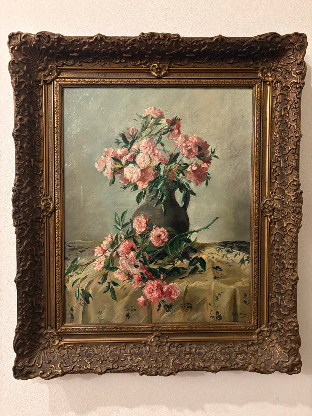 Bloemstilleven met roze rozen - Willem Korteling, Antiek en Kunst, Bloemen, Doek, Realistisch, Ophalen of Verzenden