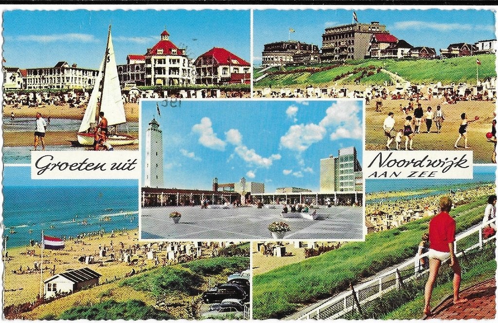 Noordwijk aan Zee, zee, strand, vuurtoren, zeilboot, badgast, Verzamelen, Verzenden, 1960 tot 1980, Gelopen, Zuid-Holland