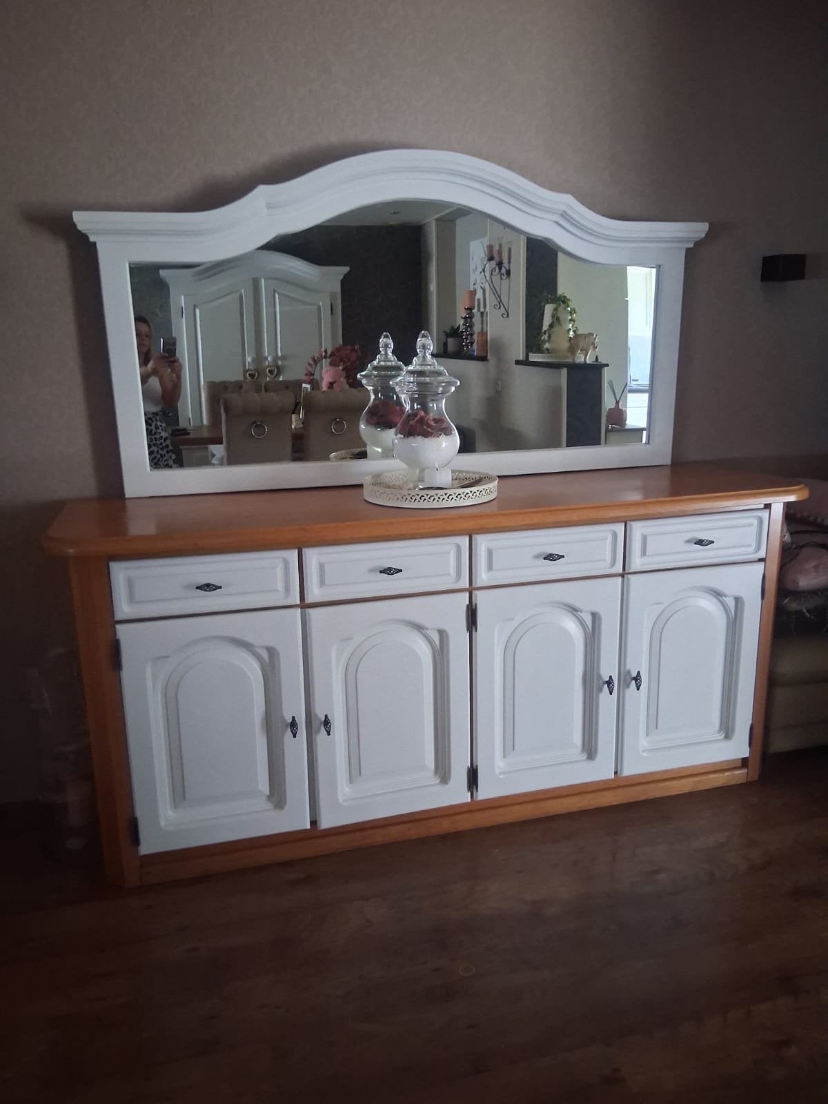 Zwaar Eiken Dressoir met Spiegel - Nette Staat, Eikenhout, Ophalen of Verzenden, Zo goed als nieuw, 200 cm of meer