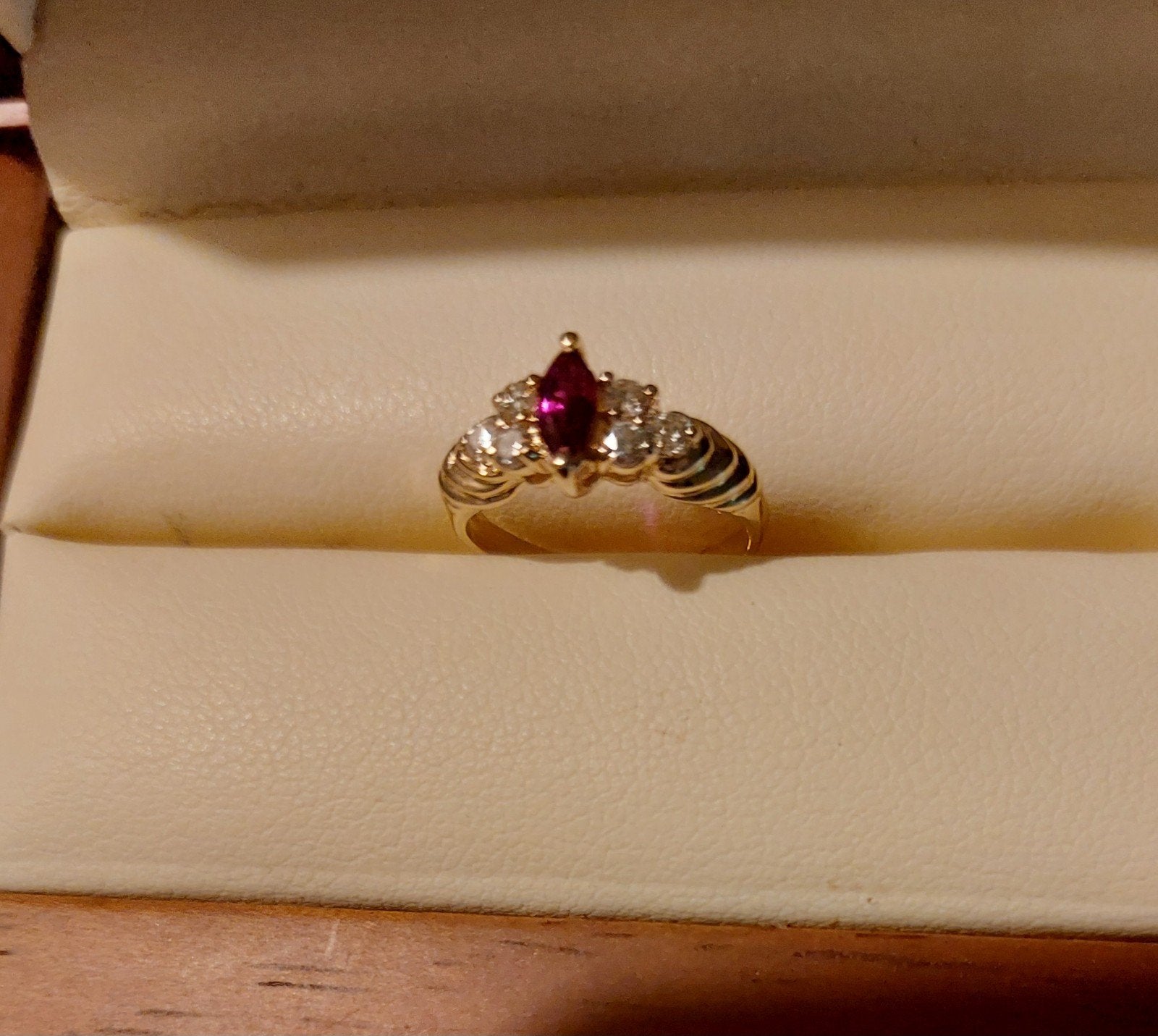 gouden 14kt dames ring met robijn en diamant, Verzenden, Met edelsteen, Dame, Goud