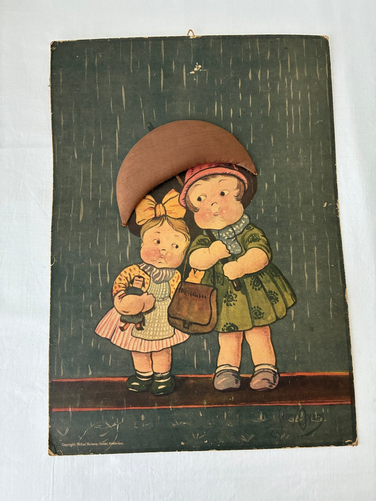 Vintage Jenny Nyström print 'Regenweer' met 3D paraplu, Ophalen of Verzenden
