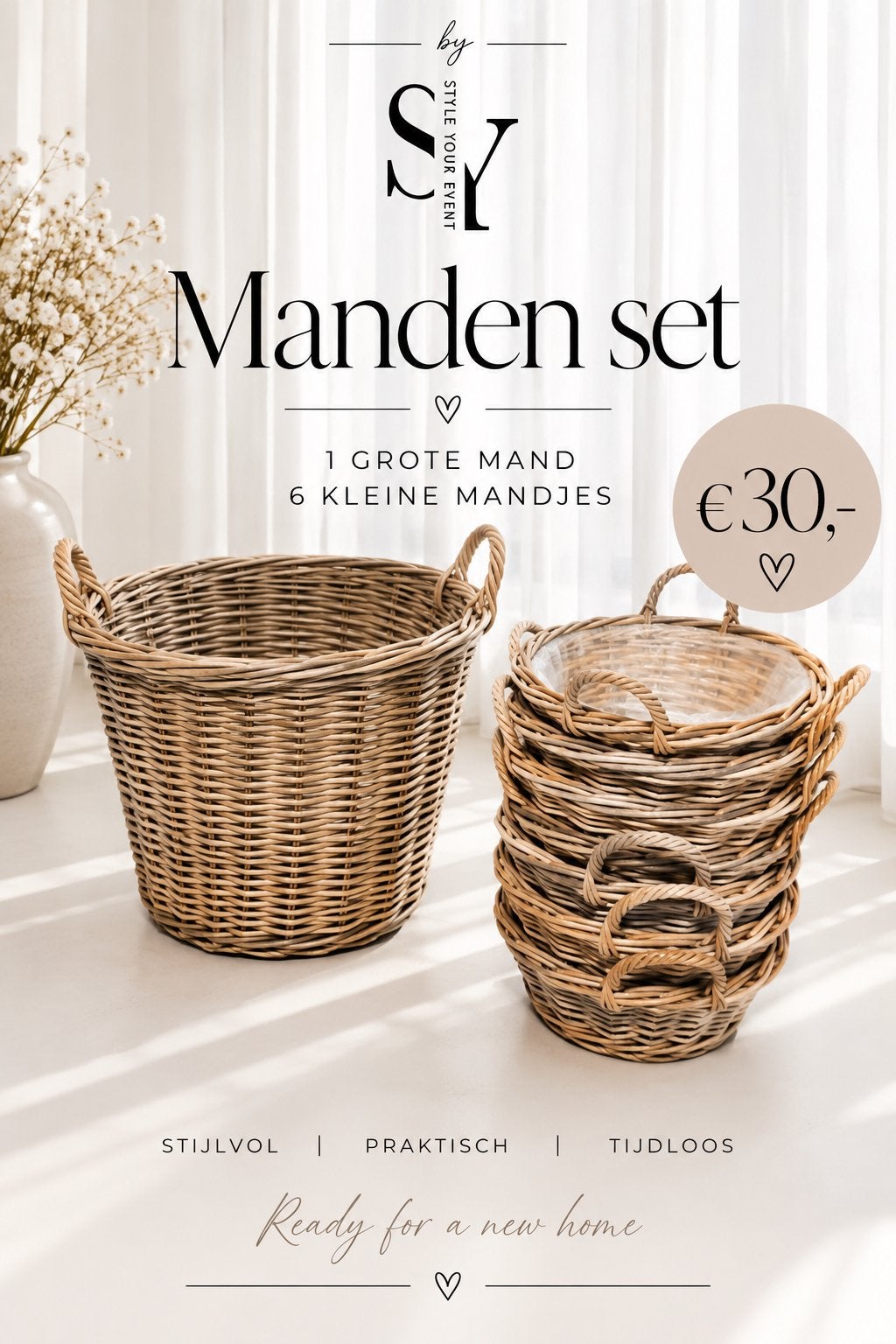 Manden set: 1 grote mand en 6 kleine mandjes, Gebruikt, Gevlochten, Mand, Rond