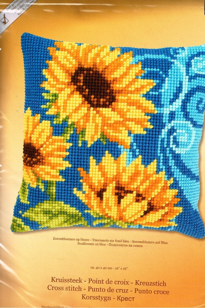 Cado vervaco borduurpakket kussen ZONNEBLOEMEN OP BLAUW, Ophalen of Verzenden, Nieuw, Handborduren, Borduurpakket