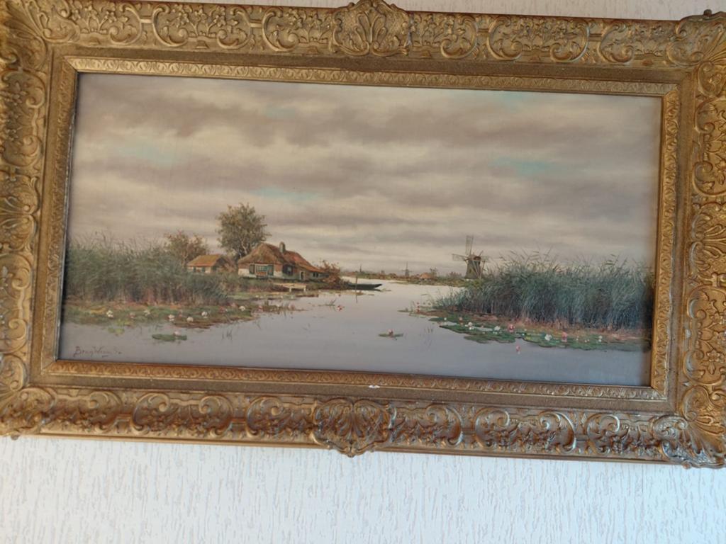 Schilderij: Hollands Landschap met Molen en Boerderij, Antiek en Kunst, Kunst | Schilderijen | Klassiek, Ophalen of Verzenden