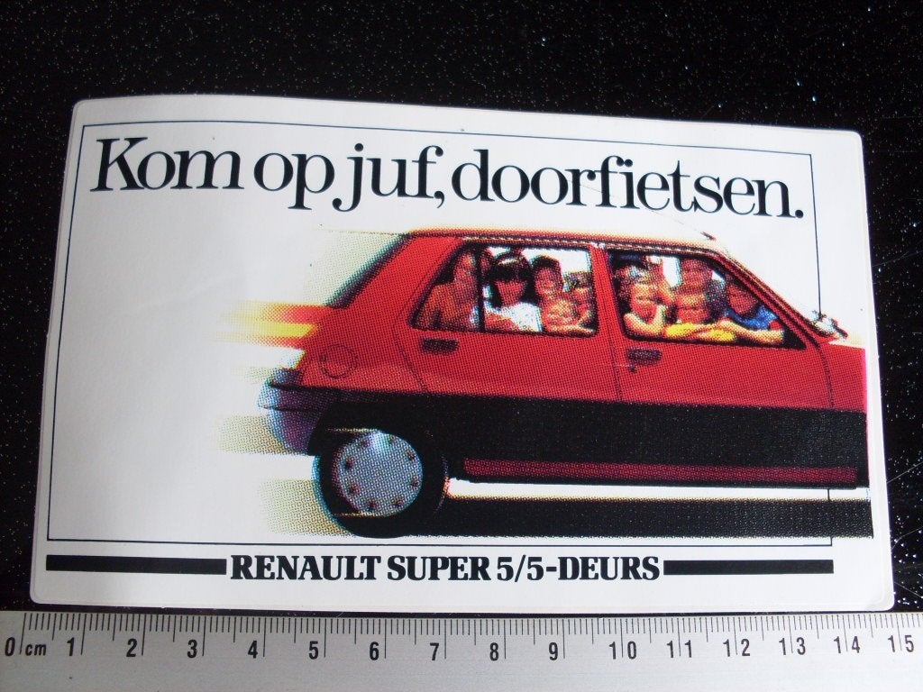 sticker renault super 5/5-deurs kom op juf, doorfietsen!, Ophalen of Verzenden, Zo goed als nieuw, Auto of Motor