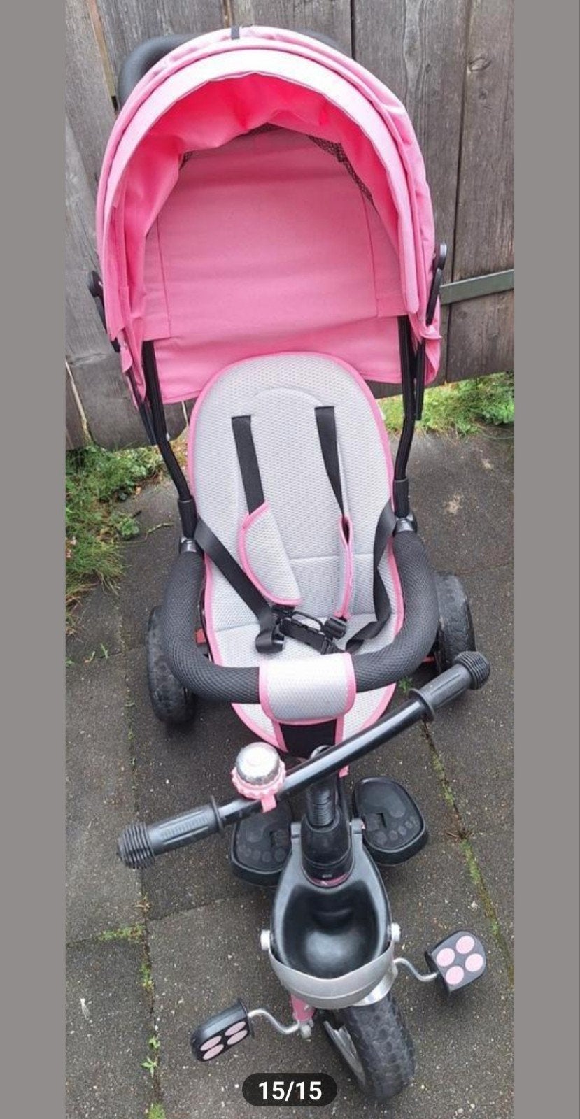Driewieler met duwstang roze zwart, Ophalen, Gebruikt, Spielwerk, Duwstang