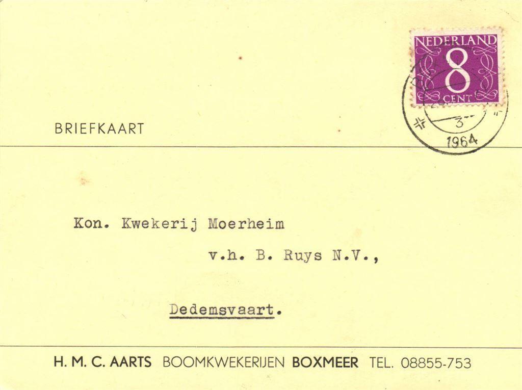 H.M.C. Aarts Boomkwekerijen Boxmeer - briefkaart, Postzegels en Munten, Ophalen of Verzenden, Briefkaart
