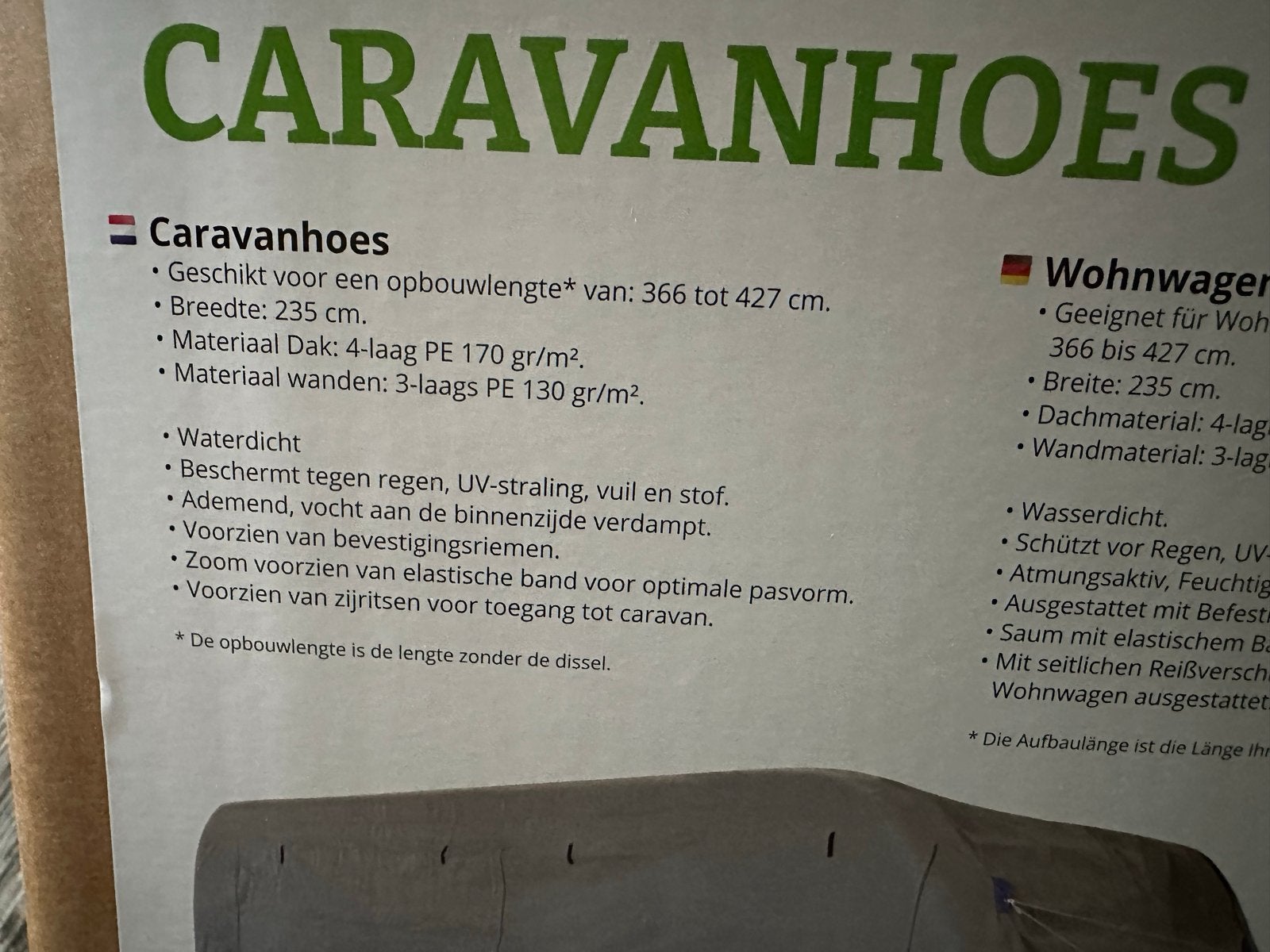 Obelink Caravanhoes 366-427 cm - Nieuwstaat, Ophalen, Nieuw