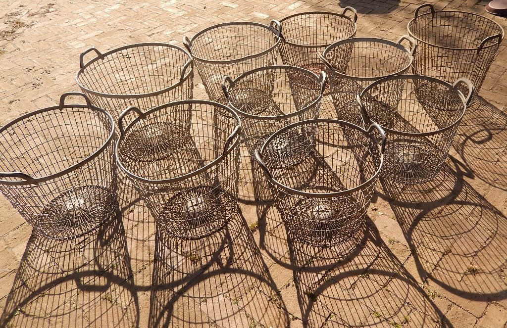 10 x oude zinken vintage retro stalen draadmanden plukmand, Ophalen, Met handvatten, Gebruikt, Mand