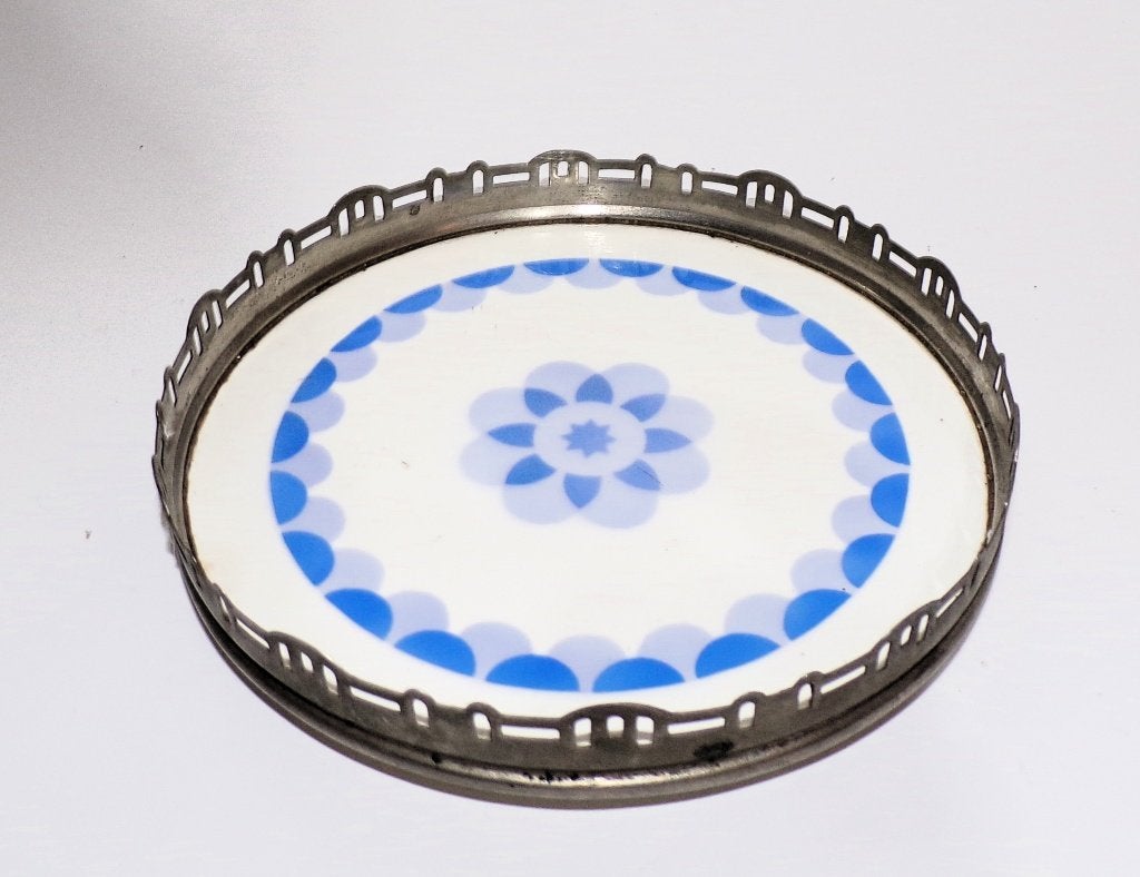 Art deco plateel dienblad met nikkelen rand, Ophalen of Verzenden