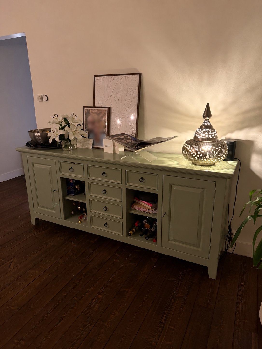 Dressoirkast rustiek hout met groene lak, 150 tot 200 cm, Eikenhout, Met lade(s), Ophalen of Verzenden