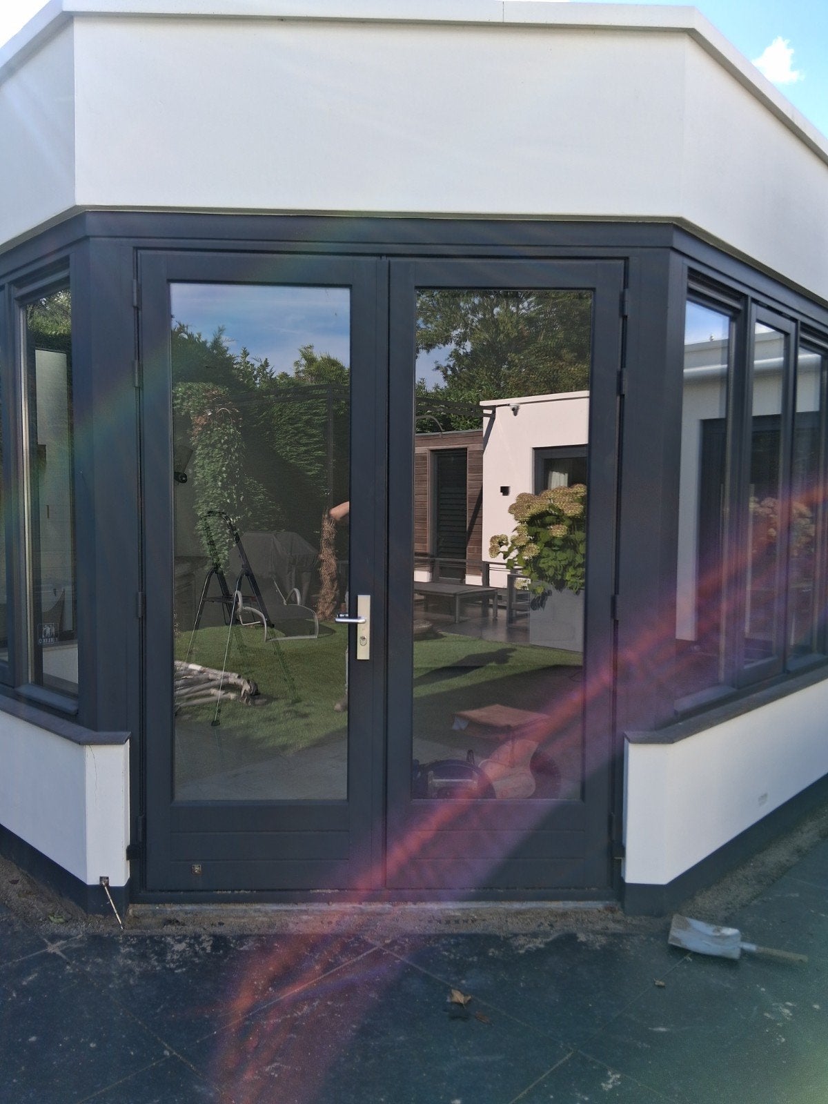 tuindeuren hardhout met zijpanelen voor erker of serre, Ophalen, Gebruikt, Buitendeur, Glas