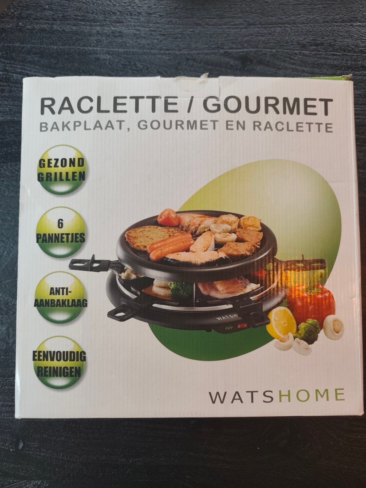 WatsHome Raclette/Gourmet Bakplaat met 6 pannetjes, Ophalen of Verzenden, Zo goed als nieuw, 8 personen of meer