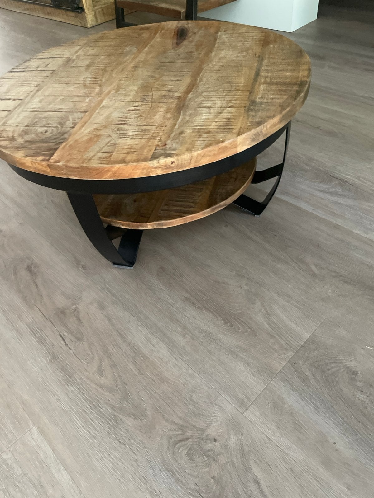 Ronde salontafel van mangohout en metaal, Ophalen, 50 tot 100 cm, Rond, 50 tot 100 cm
