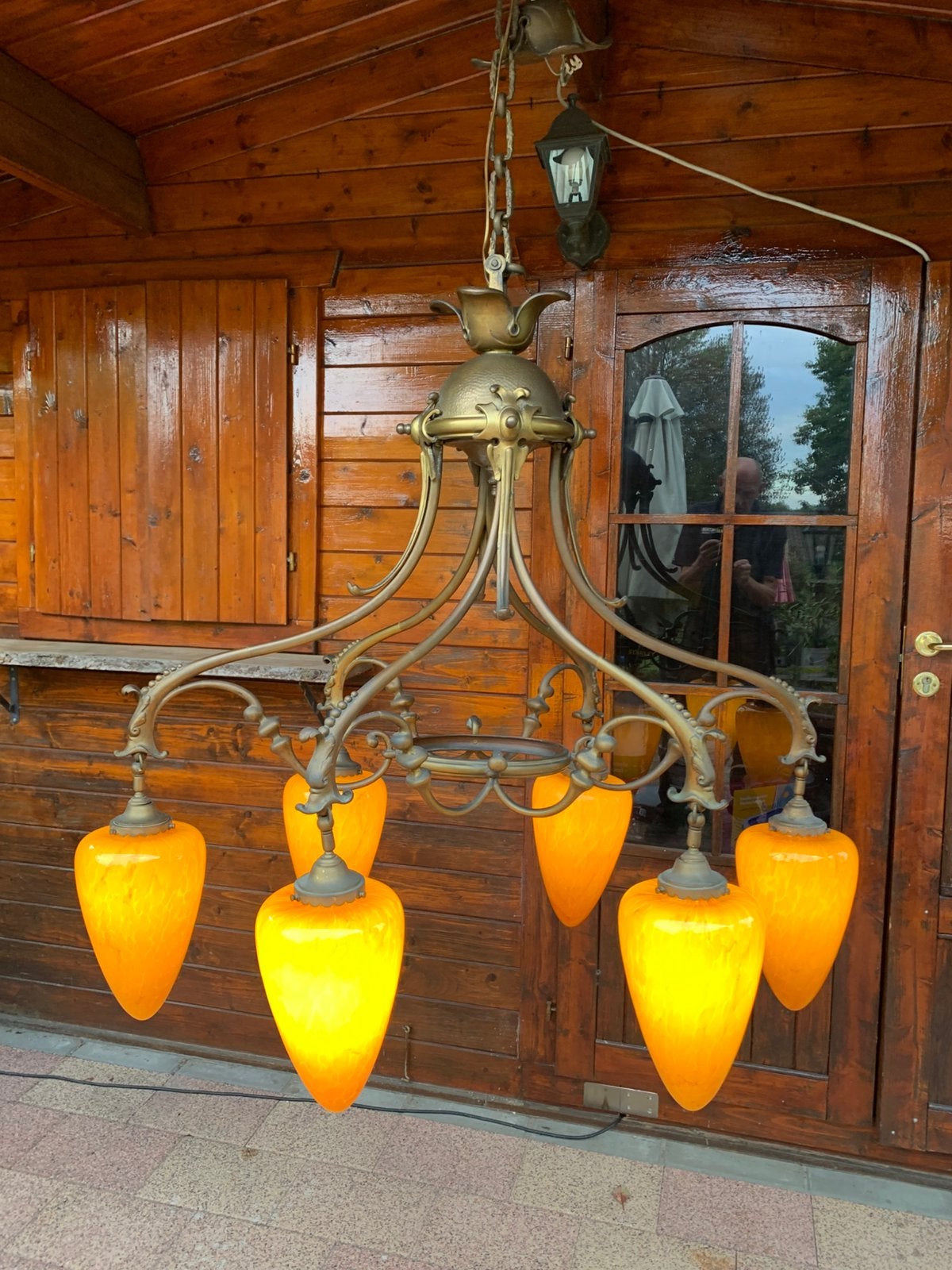 Grote messing lamp met wand lampen, Antiek en Kunst, Ophalen