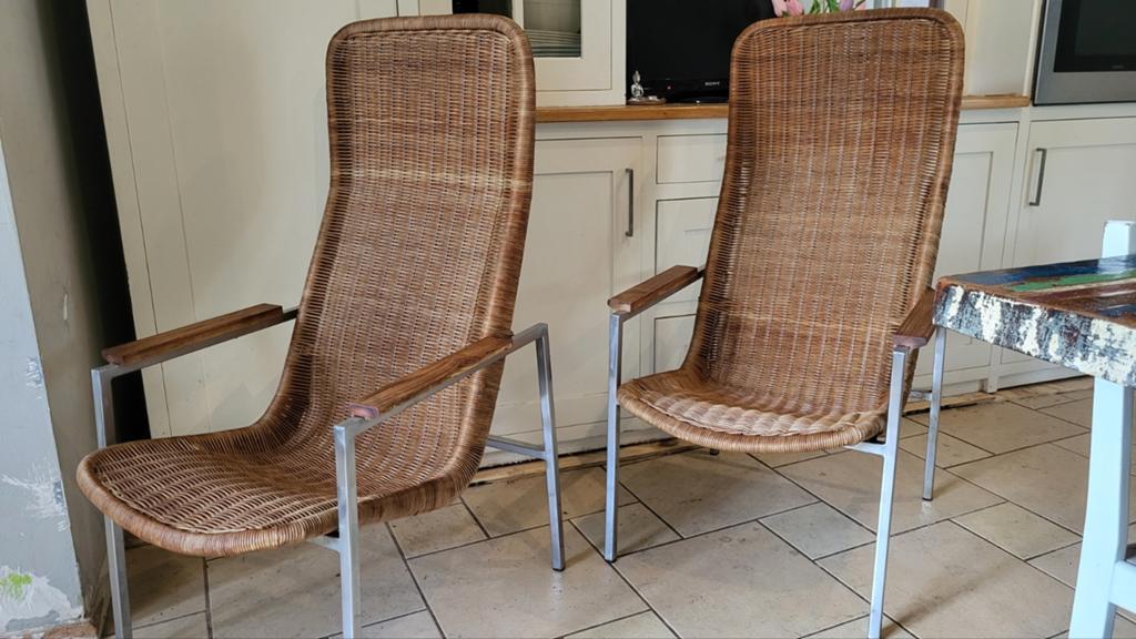 Vintage Chrome and Rattan Chairs by Dirk Van Sliedregt for G, Ophalen, Gebruikt, Twee, Bruin
