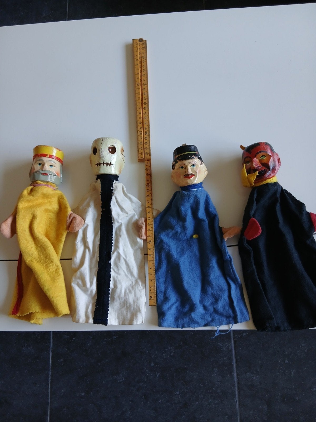 Vintage handpoppen set - Koning, Dood, Politie, Duivel, Ophalen of Verzenden, Gebruikt, Pop