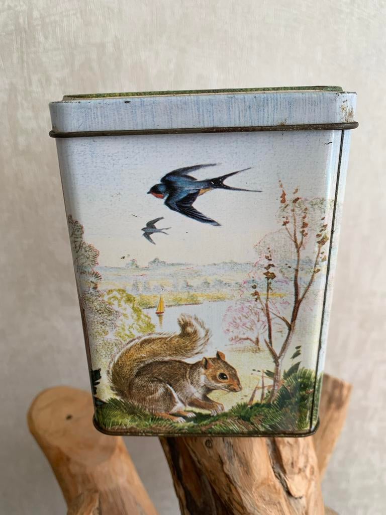 Vintage blikje met natuurtaferelen - Eekhoorn, vogels, konij, Verzamelen, Blikken, Ophalen of Verzenden, Gebruikt, Overige, Overige merken